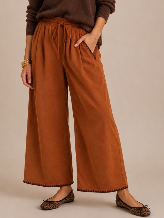 Gigio Pants - Rust Corduroy Wide Leg Pants with Brown Topstitch & Drawstring Waist